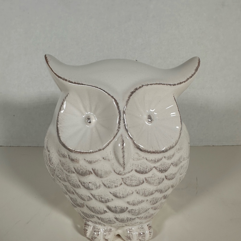 Decorative Ceramic White Glazed Owl with Brushed Tan Feathers